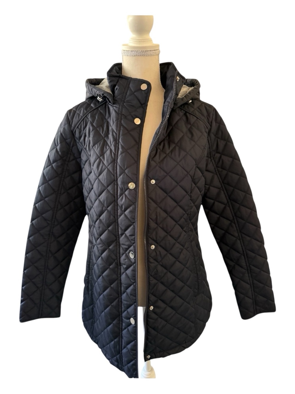 Jones New York Quilted Black Jacket Hooded Snap Zip Coat Size Medium Classic